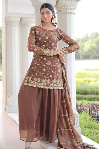 Coffee color beautiful partywear sharara dress for rich indian looks
