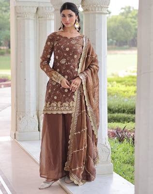 Coffee color beautiful partywear sharara dress for rich indian looks 6