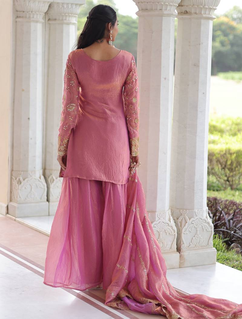 Pink color beautiful partywear sharara dress for rich indian girlie looks