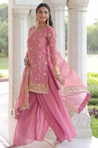 Pink color beautiful partywear sharara dress for rich indian looks