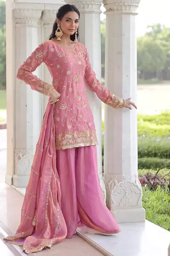 Pink color beautiful partywear sharara dress for rich indian looks