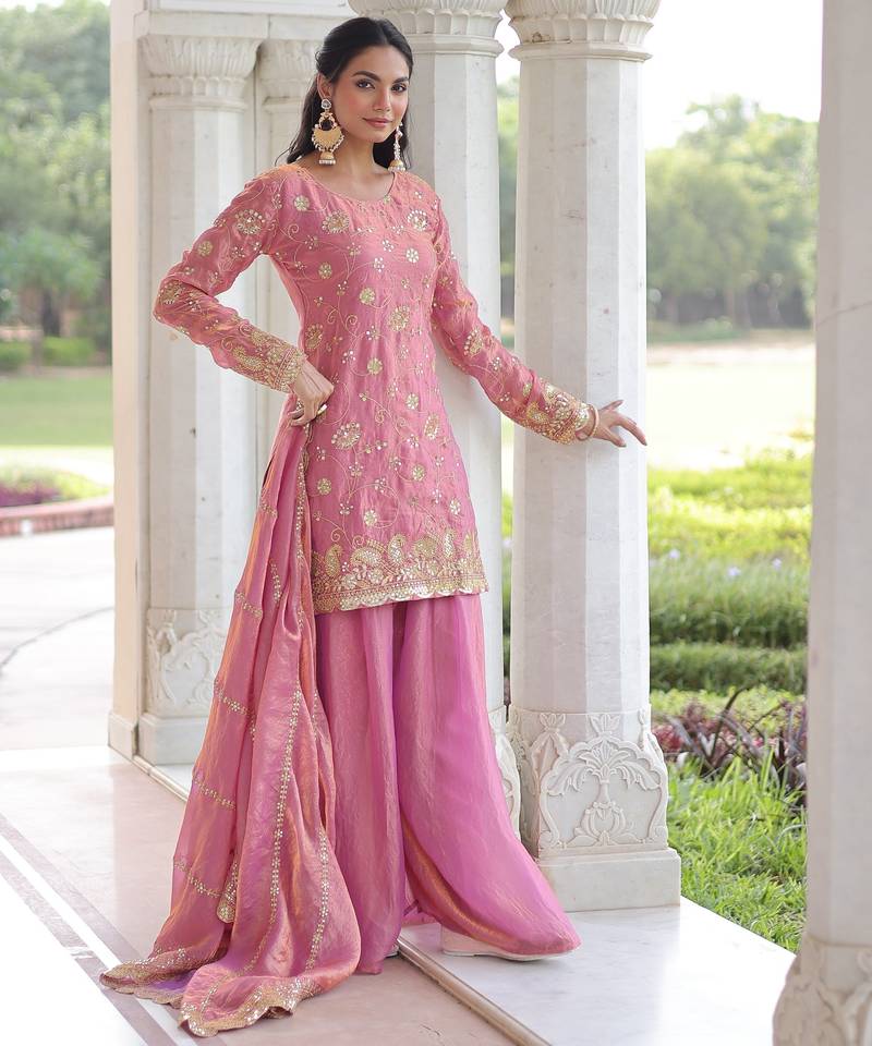 Pink color beautiful partywear sharara dress for rich indian girlie looks