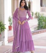Purple color sophisticated rich party looks gown with dupatta