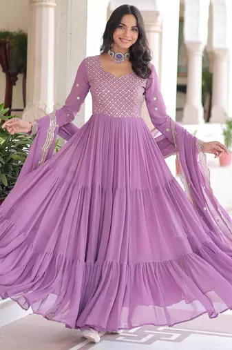 Purple color sophisticated rich party looks gown with dupatta