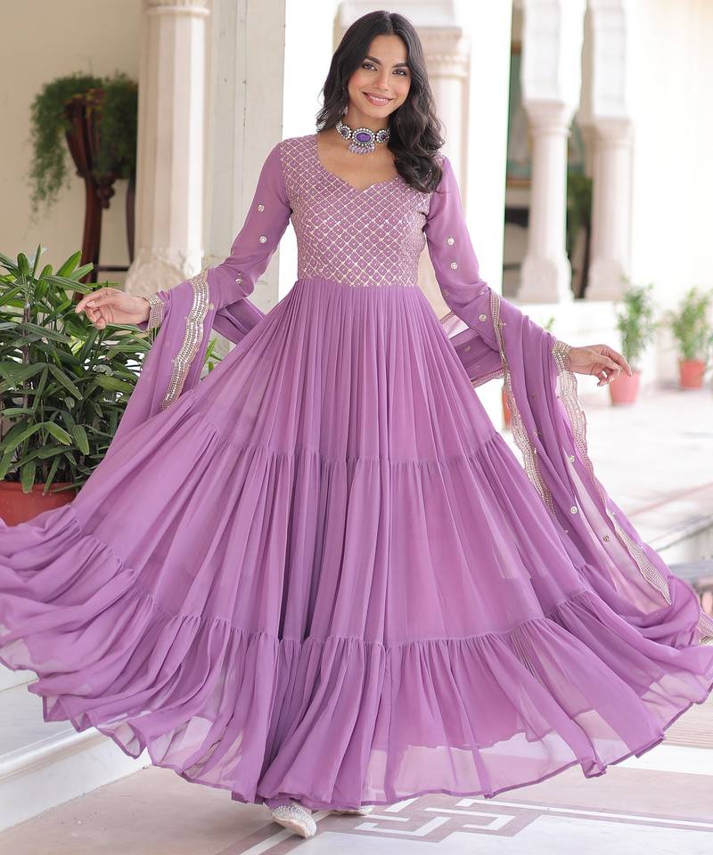 Purple color sophisticated rich party looks gown with dupatta