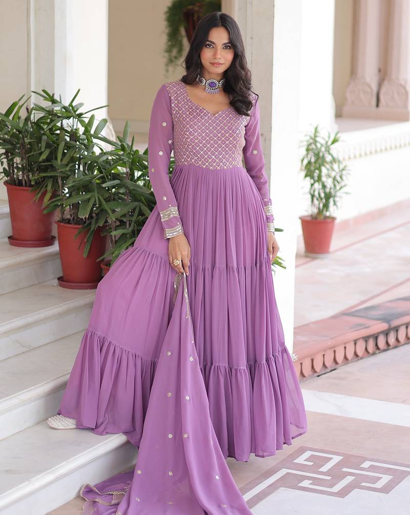 Purple color sophisticated rich party looks gown with dupatta
