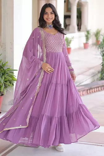 Purple color sophisticated rich party looks gown with dupatta