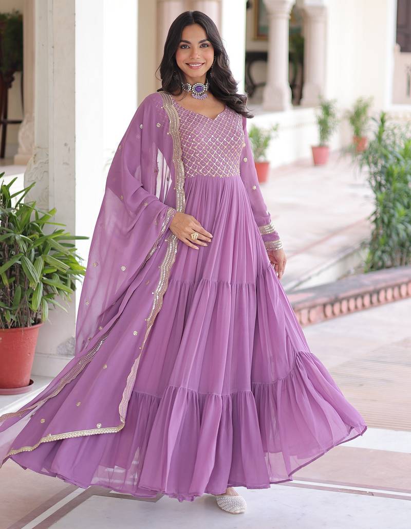 Purple color sophisticated rich party looks gown with dupatta