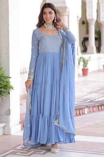 Sky blue color sophisticated rich party looks gown with dupatta
