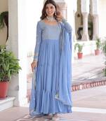 Sky blue color sophisticated rich party looks gown with dupatta
