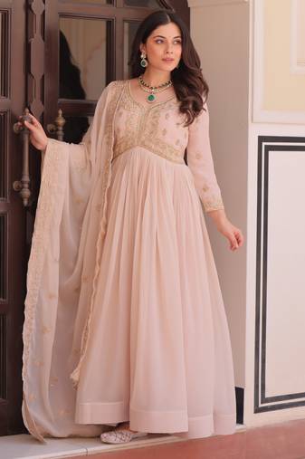 Chiku color sophisticated rich party looks gown with dupatta