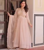 Chiku color sophisticated rich party looks gown with dupatta