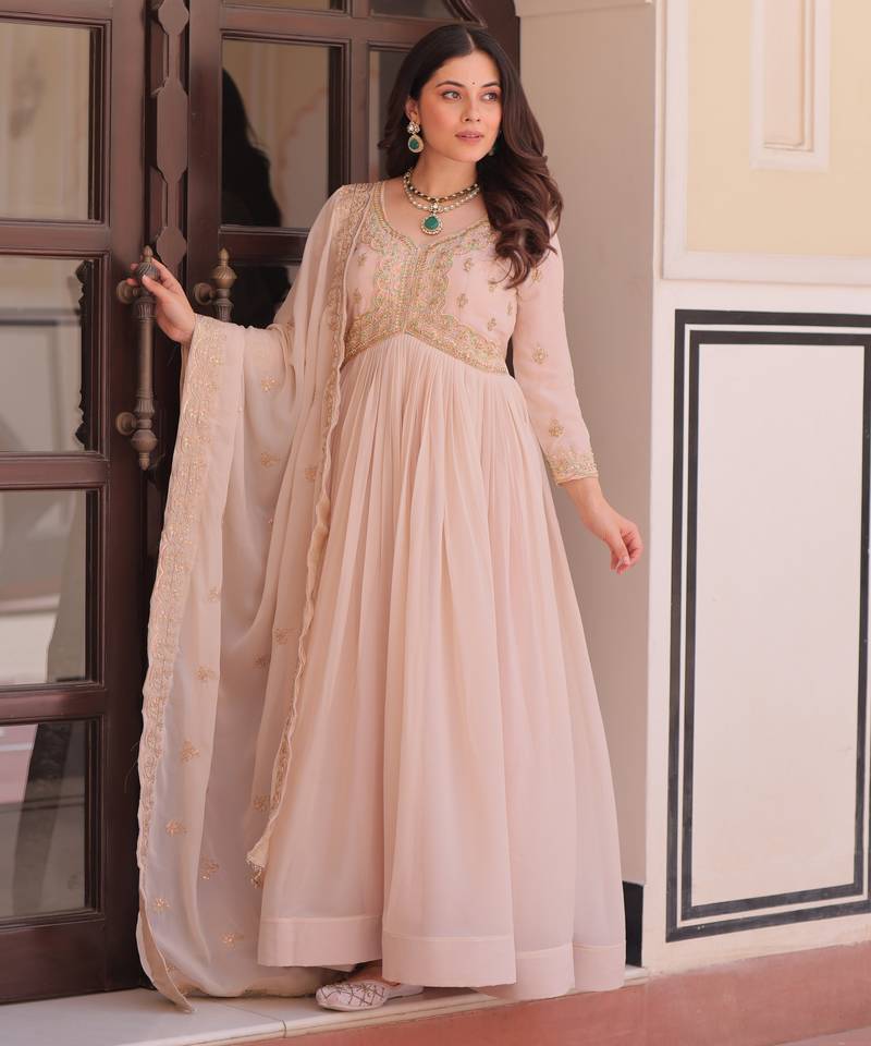 Chiku color sophisticated rich party looks gown with dupatta