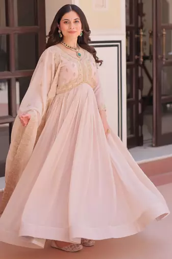 Chiku color sophisticated rich party looks gown with dupatta
