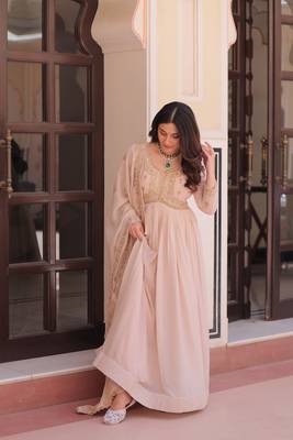 Chiku color sophisticated rich party looks gown with dupatta 5