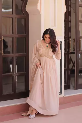 Chiku color sophisticated rich party looks gown with dupatta