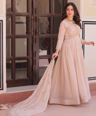 Chiku color sophisticated rich party looks gown with dupatta 6