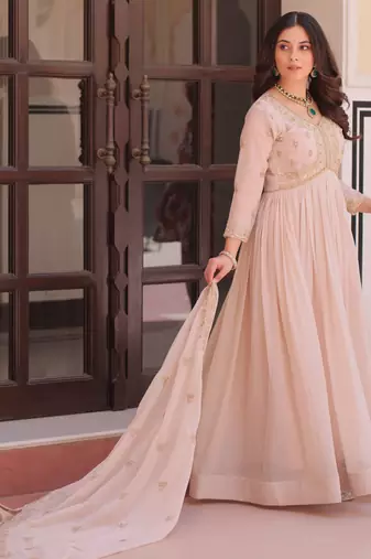 Chiku color sophisticated rich party looks gown with dupatta