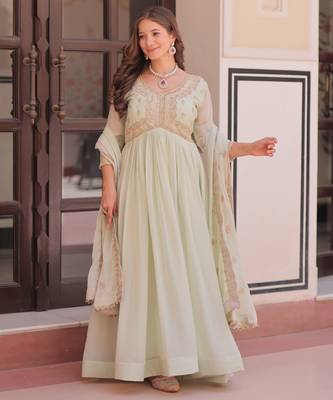 Pista color sophisticated rich party looks gown with dupatta 1