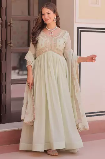 Pista color sophisticated rich party looks gown with dupatta