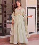 Pista color sophisticated rich party looks gown with dupatta