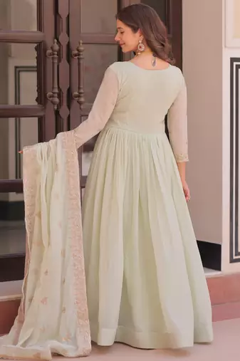 Pista color sophisticated rich party looks gown with dupatta