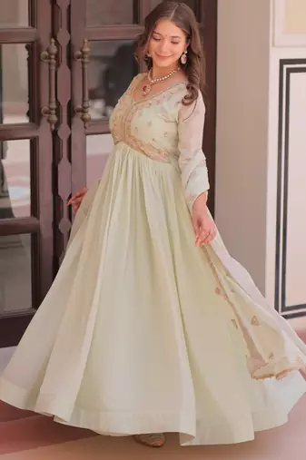 Pista color sophisticated rich party looks gown with dupatta
