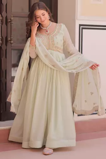 Pista color sophisticated rich party looks gown with dupatta