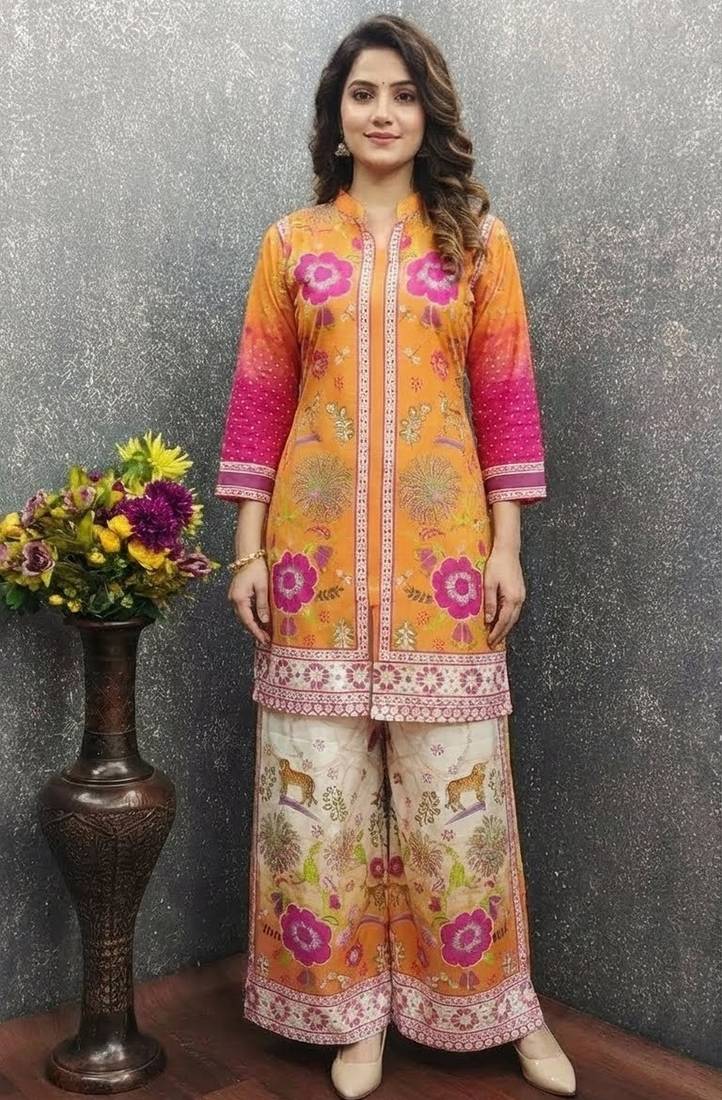 Orange color beautiful bollywood style designer printed coord set