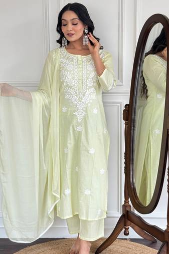 Yellow color cotton fabric designer embroidered fancy kurta set