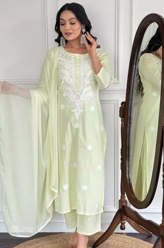 Yellow color cotton fabric designer embroidered fancy kurta set