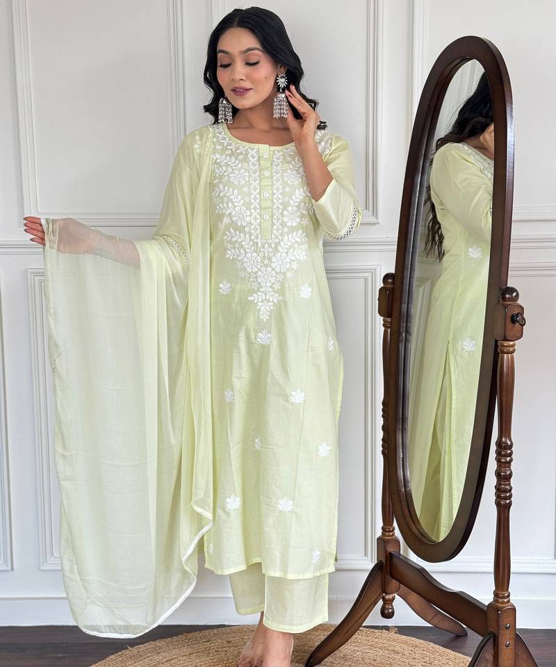 Yellow color cotton fabric designer embroidered fancy kurta set