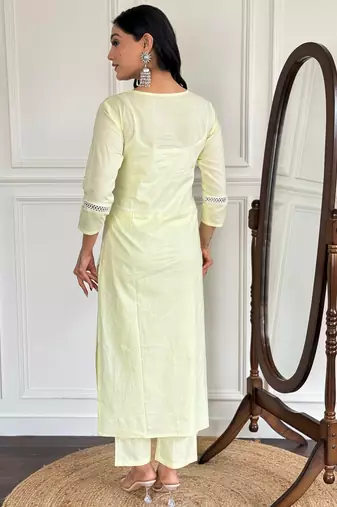 Yellow color cotton embroidered fancy kurta set