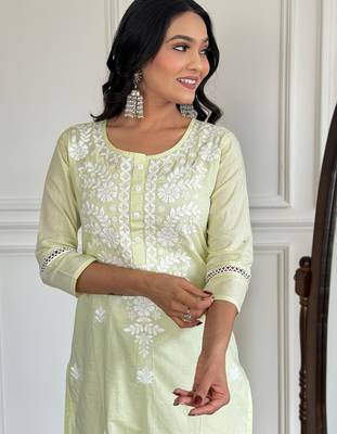 Yellow color cotton embroidered fancy kurta set 3