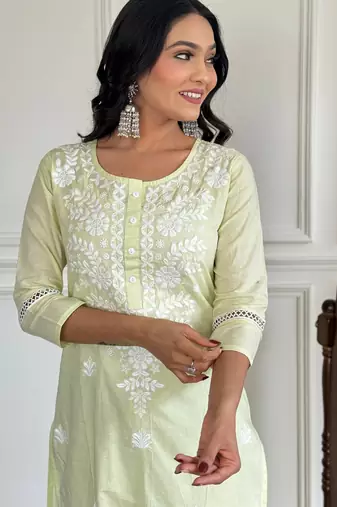 Yellow color cotton embroidered fancy kurta set