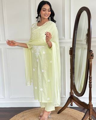 Yellow color cotton embroidered fancy kurta set 4