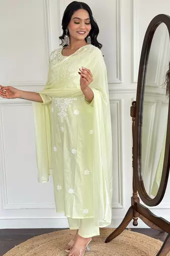Yellow color cotton embroidered fancy kurta set