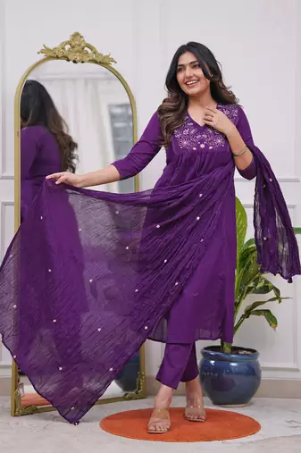 Lavender color viscosee blend embroidered fancy kurta set