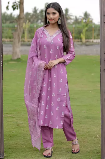 Onion color rayon embroidered fancy kurta set