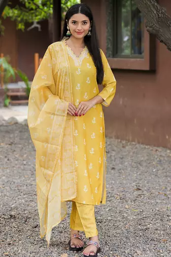 Yellow color rayon embroidered fancy kurta set