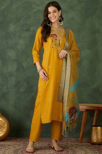Mustard color rayon fabric designer embroidered fancy kurta set