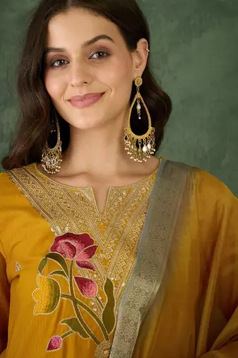 Mustard color rayon embroidered fancy kurta set