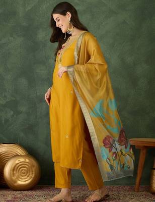 Mustard color rayon embroidered fancy kurta set 4