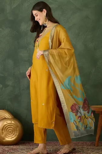 Mustard color rayon embroidered fancy kurta set