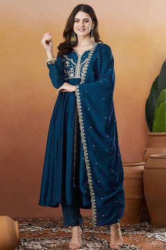 Petrol color vichitra silk fabric designer embroidered fancy kurta set