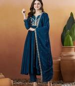 Petrol color vichitra silk fabric designer embroidered fancy kurta set