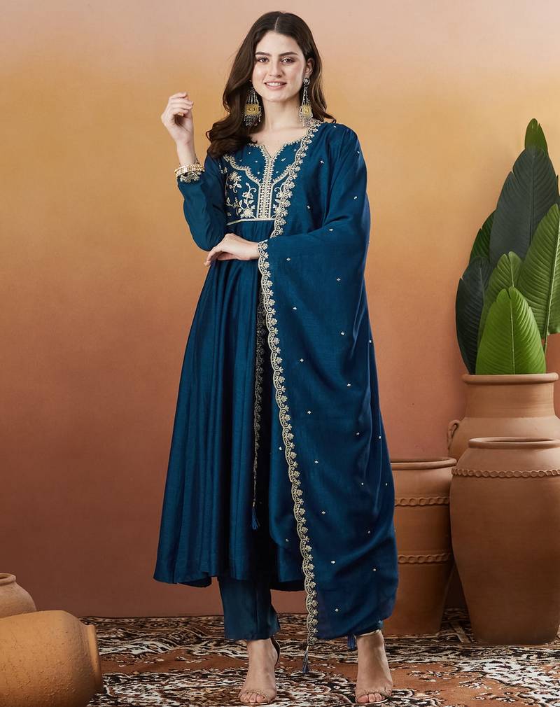 Petrol color vichitra silk fabric designer embroidered fancy kurta set