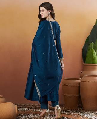 Petrol color vichitra silk embroidered fancy kurta set 2