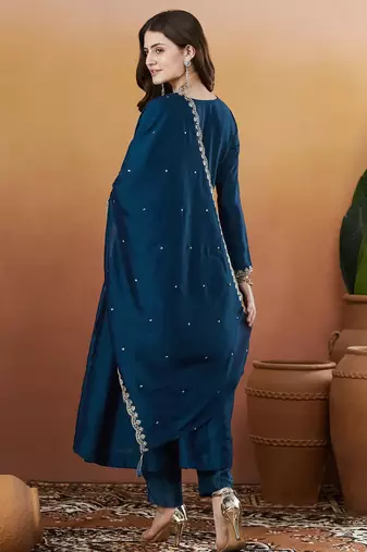 Petrol color vichitra silk embroidered fancy kurta set