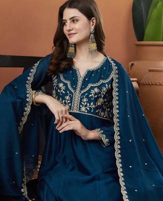 Petrol color vichitra silk embroidered fancy kurta set 3